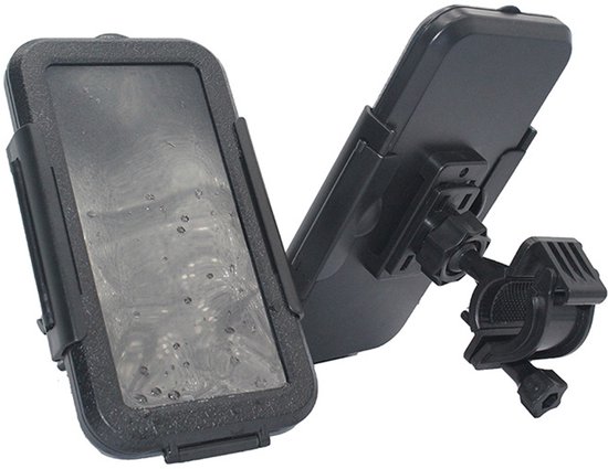 Twee zwarte waterdichte smartphonehouders. Eén met gesloten klep, één met een verstelbare fietsstuurbevestiging.