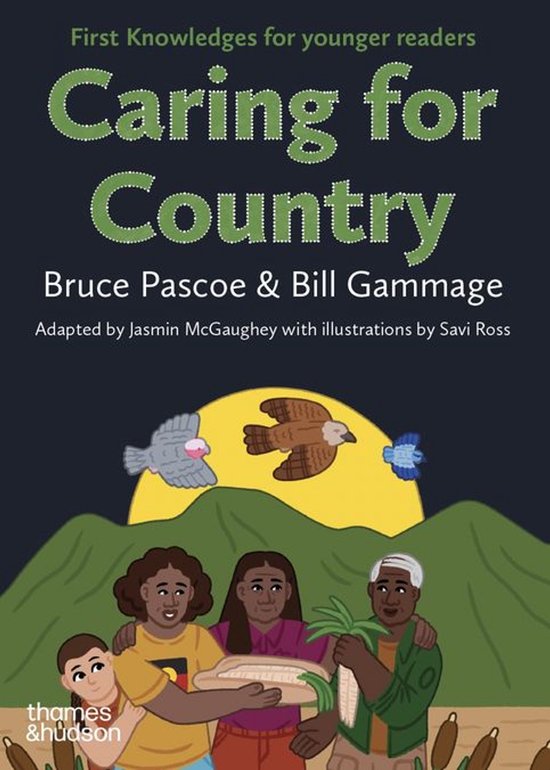 Boekomslag van 'Caring for Country' met illustratie van een familie en vogels voor een zonsondergang.