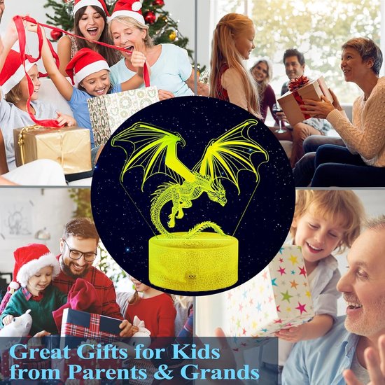 Daity Nachtlampje in de vorm van een draak, cadeau in de vorm van een draak, 3D-illusielicht, 16 kleuren veranderend, dimbaar, decoratie voor een kinderkamer voor jongens en meisjes, kerstcadeau voor de feestdagen van Daity — afbeelding 5