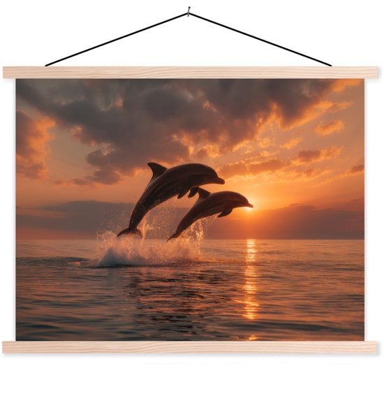Posterhanger incl. Poster 60x45 cm - Schoolplaat - Dolfijnen - Zee - Realistisch - Textielposter - Blanke latten
