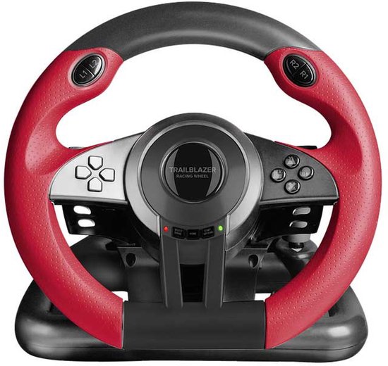 Race stuur met rode grips en zwarte accenten. "TRAILBLAZER RACING WHEEL" tekst in het midden.