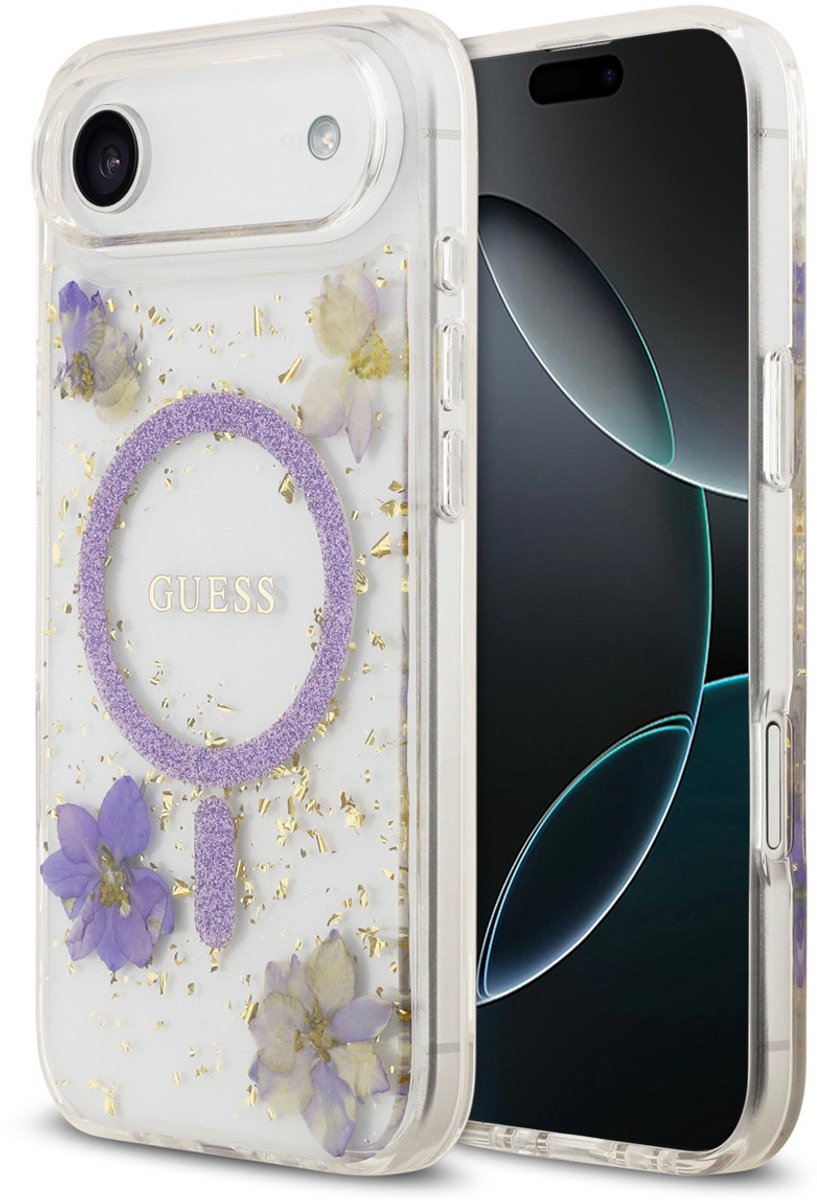 Guess Back Cover - iPhone 17 Pro Max - Paars - MagSafe - Resin Flowers Design