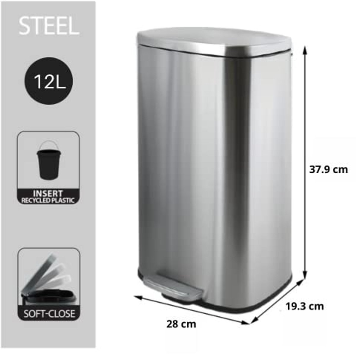 Afvalemmer 12 liter met zachte sluiting en pedaal - Chroom