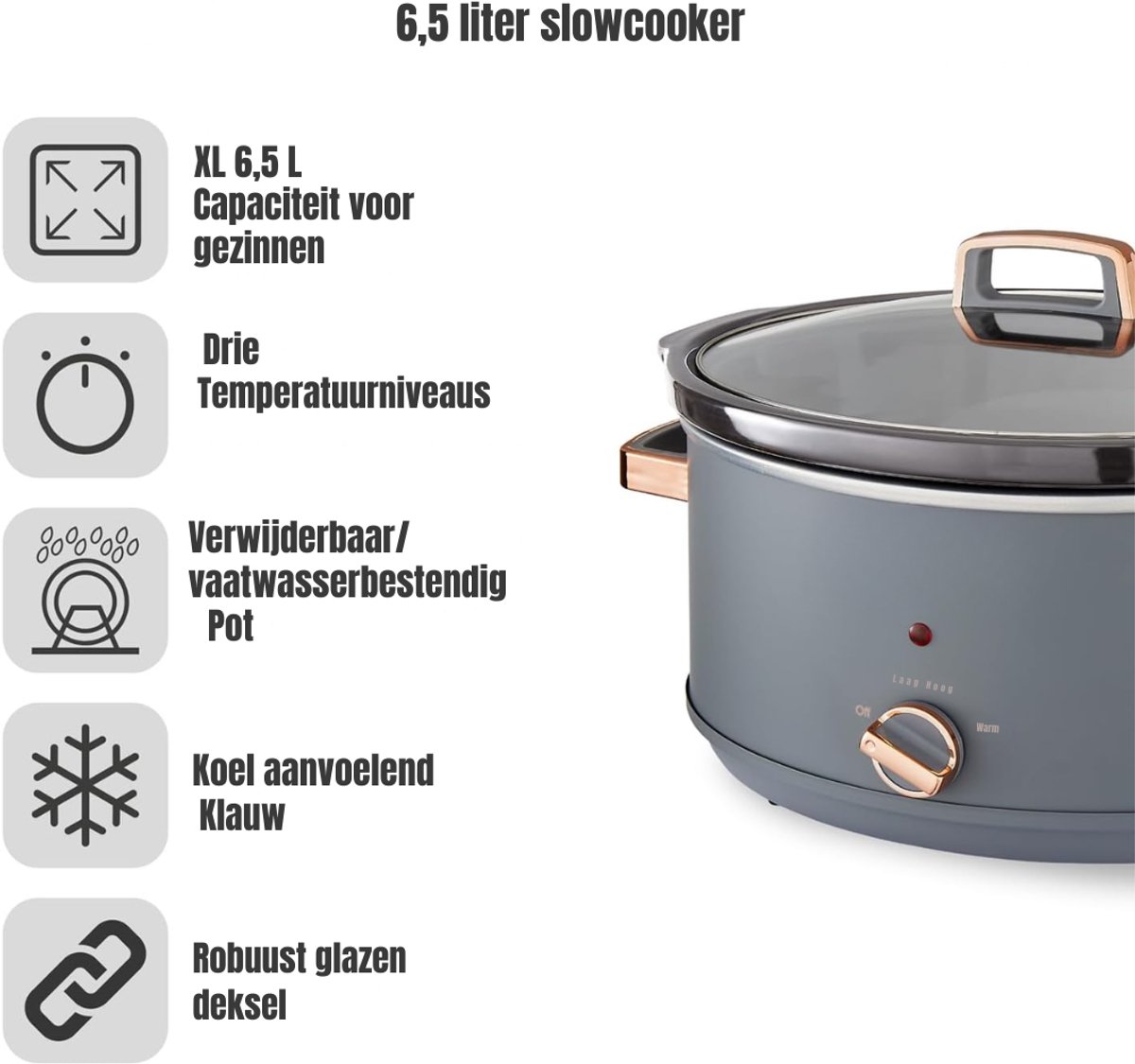 Afbeelding 3 van MMP®Slowcooker met timer - Slowcooker - Crockpot - Grijs - ‎30cm x 42cm x 26cm