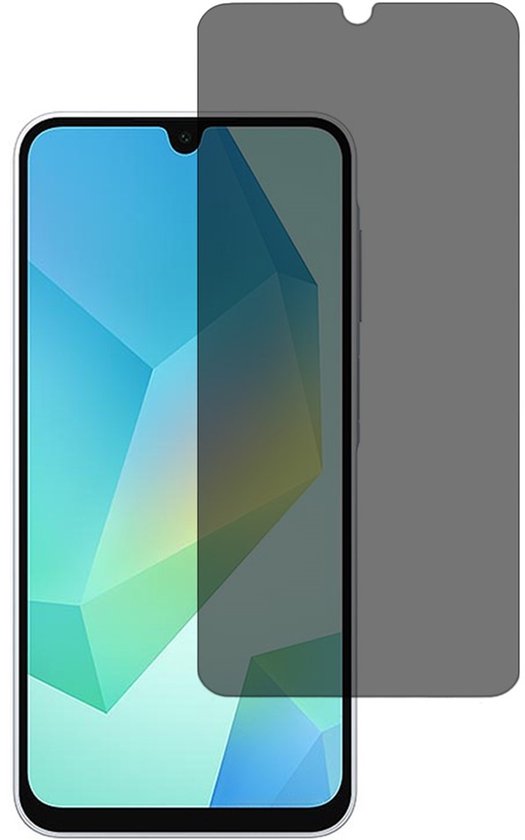 Een telefoon met een lichtblauwe achtergrond met geometrische vormen, met daarop een privacy screenprotector.