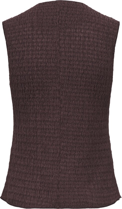 Bruin mouwloos vest met gedetailleerd crinkle-textuur en ronde hals.