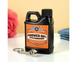 Motoroliekan Shower Gel 260ml – Metalen Sleutelhanger – Origineel Cadeau voor Autoliefhebbers – Unieke Badkamer Gadget – Mild Geparfumeerd – 1 Stuk – Grappig Cadeau Man – Automotive Douchegel
