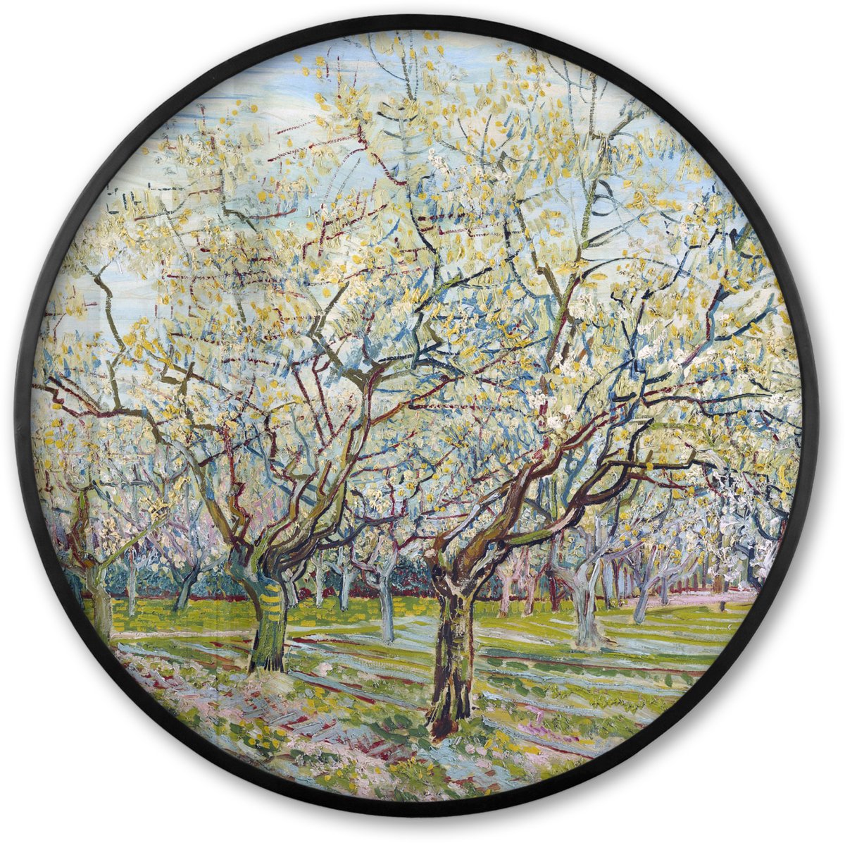 FrameYourWall Poster in lijst Rond - Fotolijst 80x80 cm - Posters - Boomgaard in bloei - Vincent van Gogh - Ronde posterlijst zwart - Decoratie - Wanddecoratie woonkamer - Muurdecoratie slaapkamer Boomgaard - Van Gogh