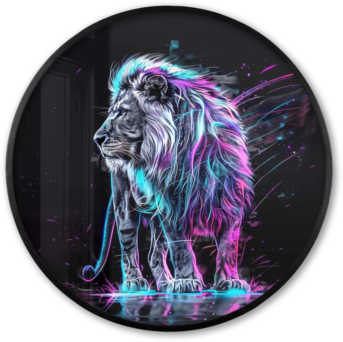 FrameYourWall Poster in lijst Rond - Fotolijst 60x60 cm - Posters - Leeuw - Kleuren - Zwart - Dieren - Ronde posterlijst zwart - Decoratie - Wanddecoratie woonkamer - Muurdecoratie slaapkamer
