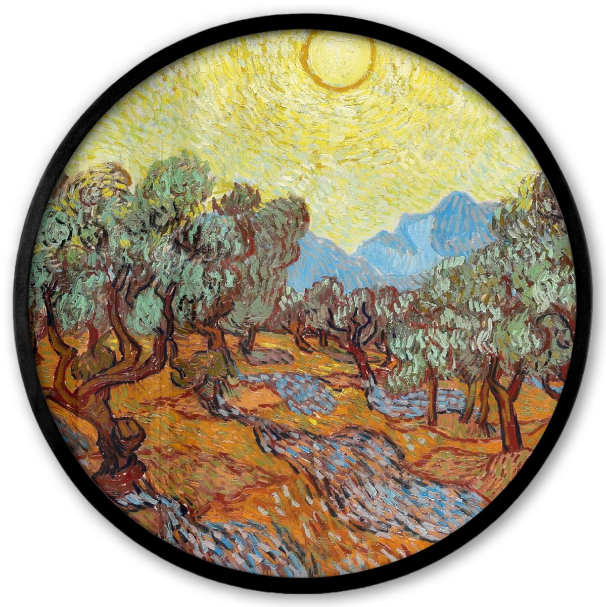 FrameYourWall Poster in lijst Rond - Fotolijst 40x40 cm - Posters - Olijfbomen met gele hemel en zon - Vincent van Gogh - Ronde posterlijst zwart - Decoratie - Wanddecoratie woonkamer - Muurdecoratie slaapkamer Multicolor