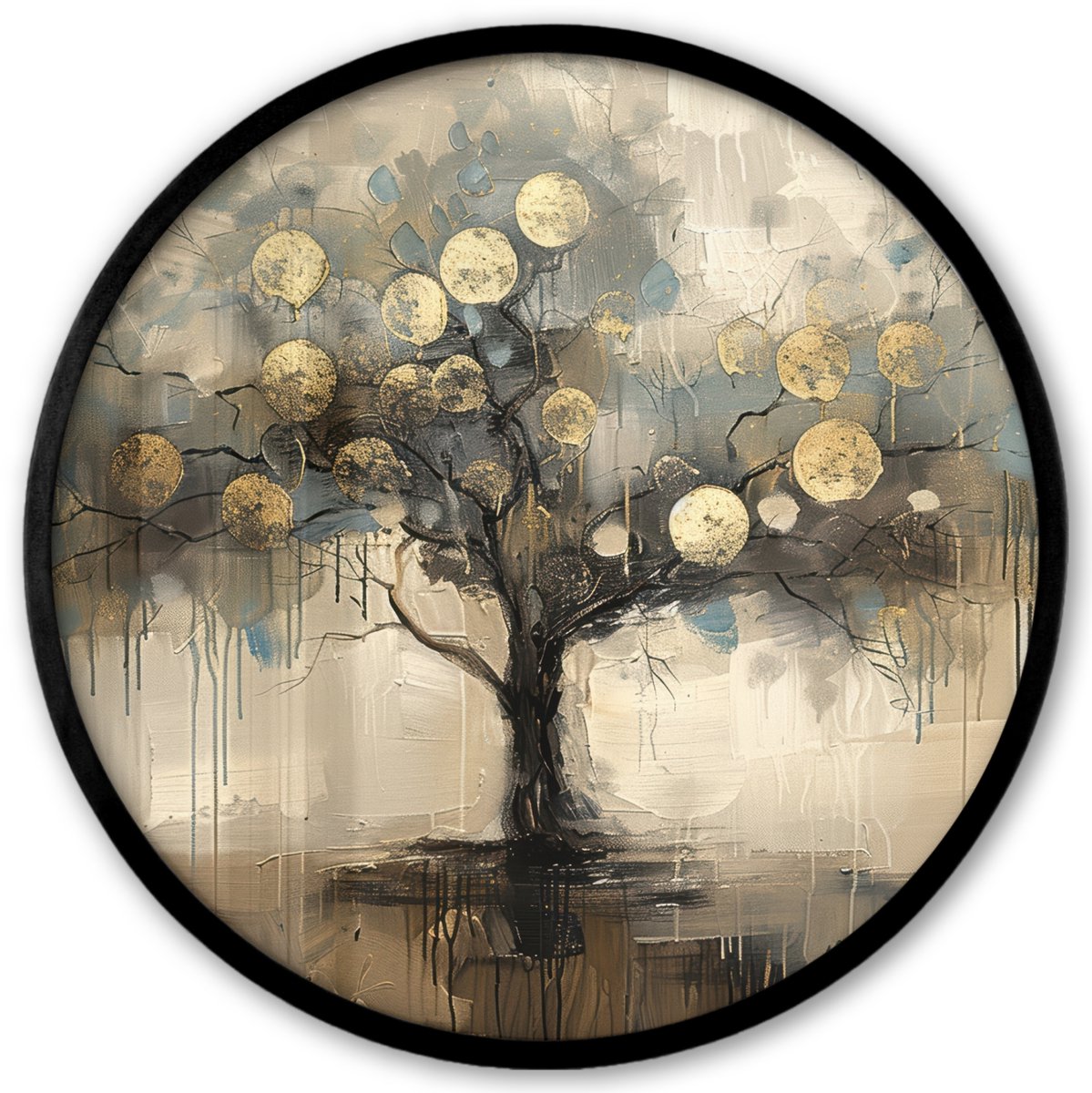 FrameYourWall Poster in lijst Rond - Fotolijst 40x40 cm - Posters - Beige - Abstract - Boom - Goud - Ronde posterlijst zwart - Decoratie - Wanddecoratie woonkamer - Muurdecoratie slaapkamer