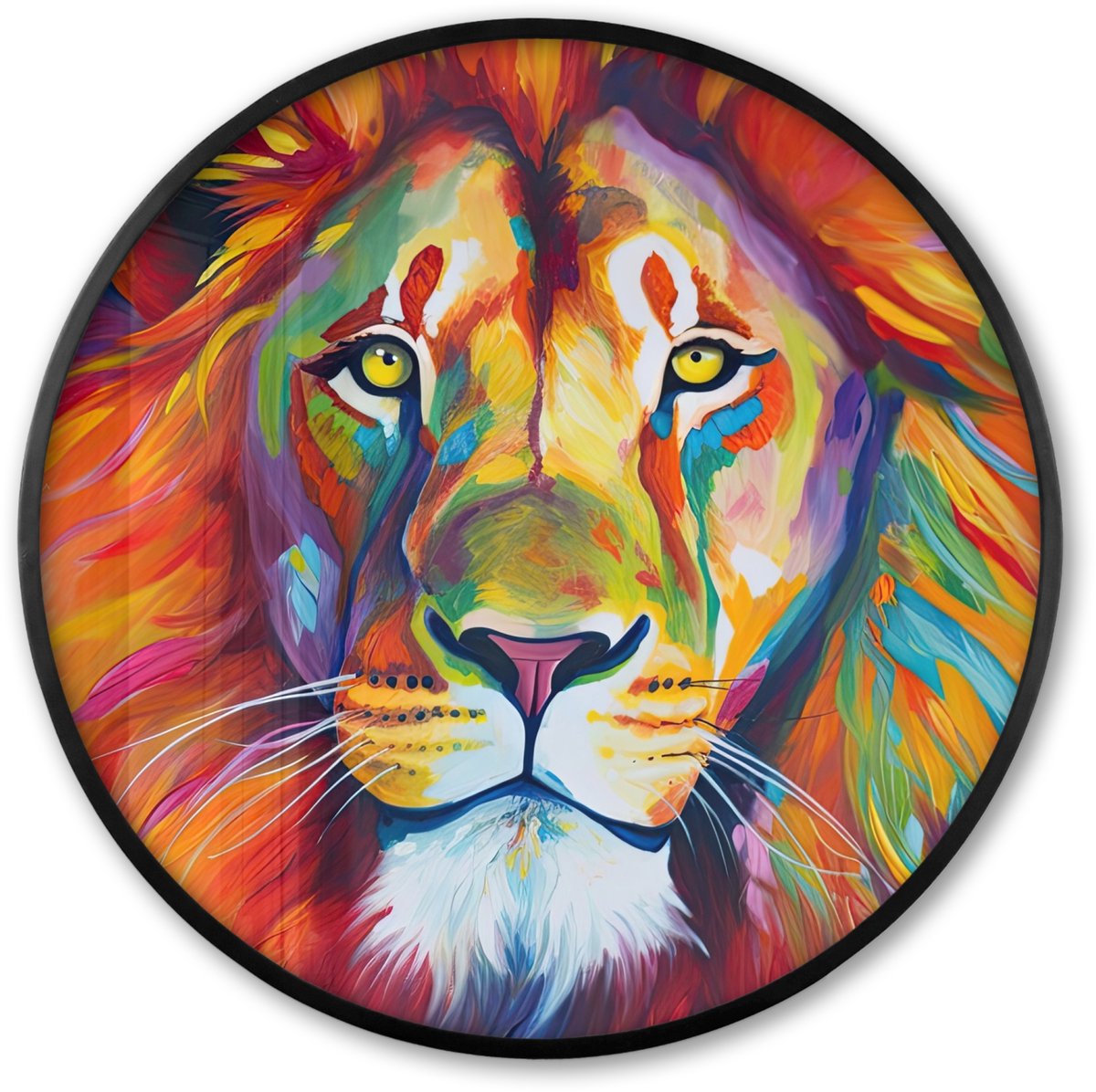 FrameYourWall Poster in lijst Rond - Fotolijst 60x60 cm - Posters - Leeuw - Dieren - Olieverf - Regenboog - Ronde posterlijst zwart - Decoratie - Wanddecoratie woonkamer - Muurdecoratie slaapkamer Leeuw - Verf