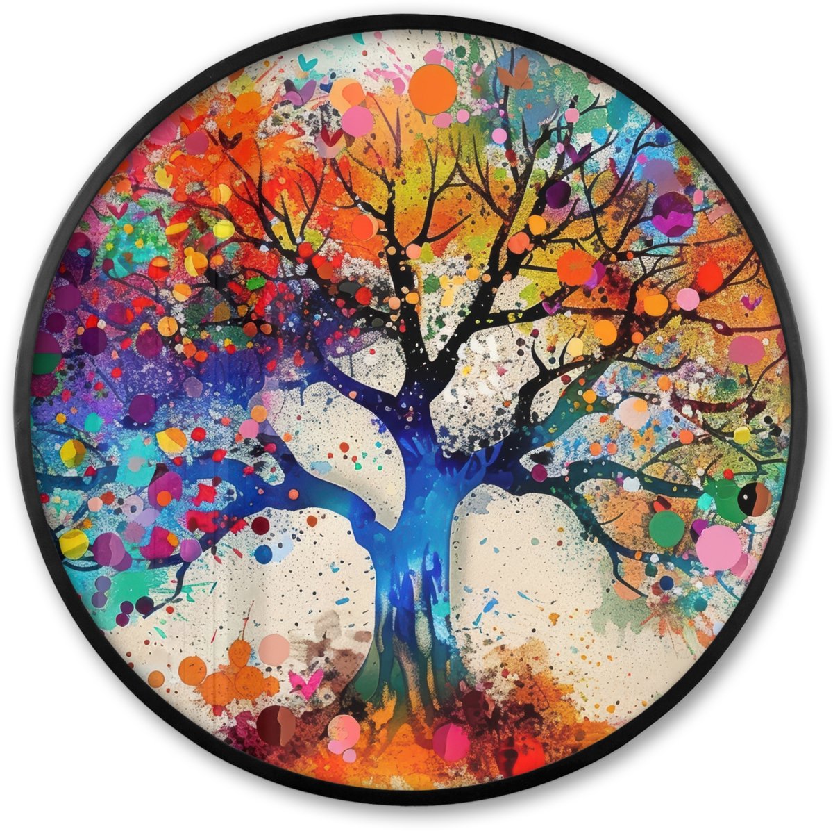 FrameYourWall Poster in lijst Rond - Fotolijst 60x60 cm - Posters - Levensboom - Natuur - Kleurrijk - Boom - Ronde posterlijst zwart - Decoratie - Wanddecoratie woonkamer - Muurdecoratie slaapkamer Boom - Kleurrijk
