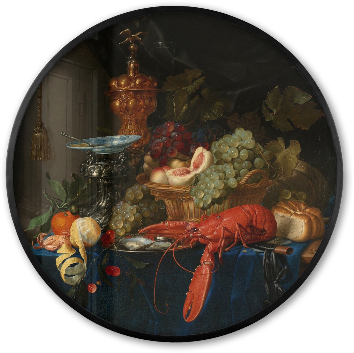 FrameYourWall Poster in lijst Rond - Fotolijst 80x80 cm - Posters - Stilleven met een gouden bokaal - Schilderij - Oude meesters - Ronde posterlijst zwart - Decoratie - Wanddecoratie woonkamer - Muurdecoratie slaapkamer Multicolor
