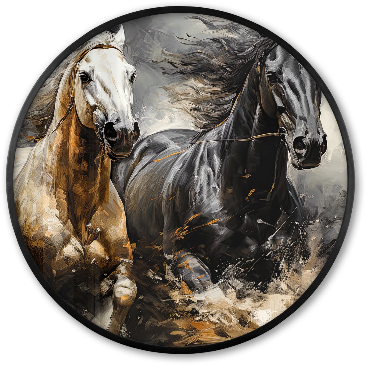 FrameYourWall Poster in lijst Rond - Fotolijst 60x60 cm - Posters - Paarden - Zwart - Wit - Dieren - Ronde posterlijst zwart - Decoratie - Wanddecoratie woonkamer - Muurdecoratie slaapkamer