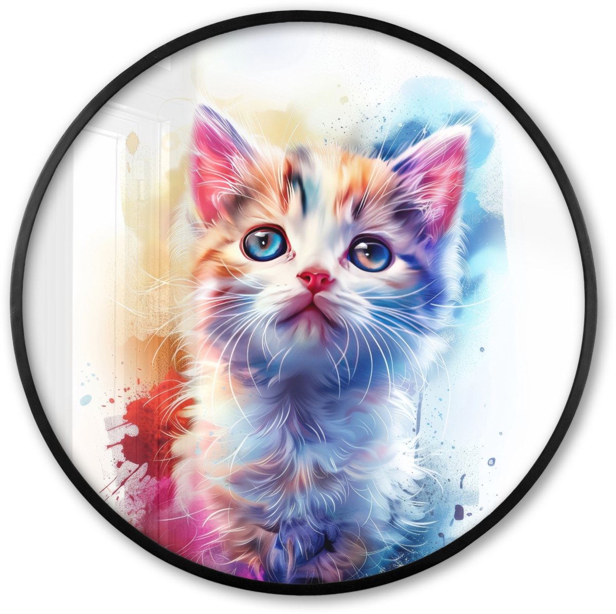 FrameYourWall Poster in lijst Rond - Fotolijst 80x80 cm - Posters - Kat - Portret - Kleuren - Verf - Wit - Ronde posterlijst zwart - Decoratie - Wanddecoratie woonkamer - Muurdecoratie slaapkamer Kat - Kleurrijk