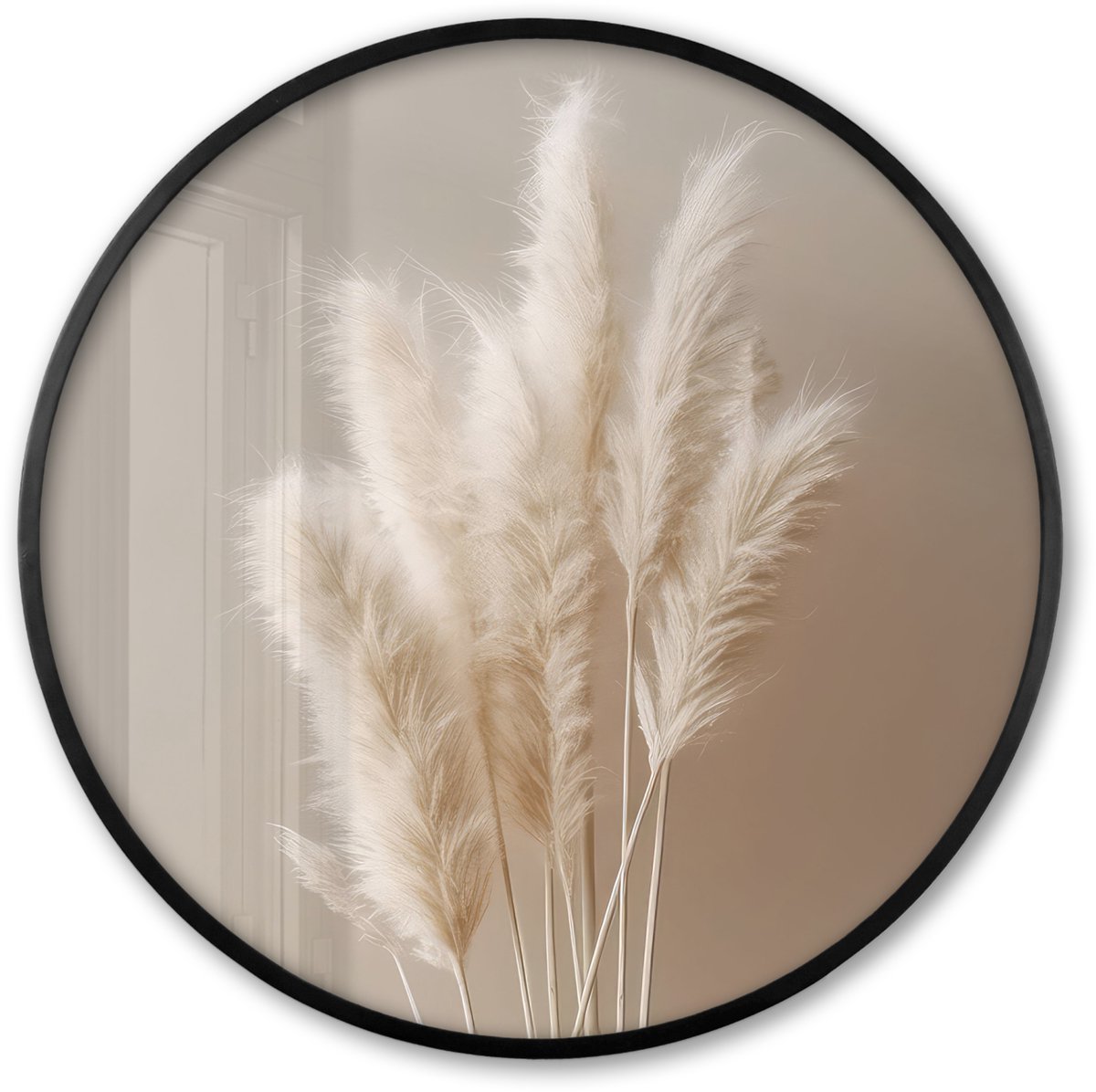 FrameYourWall Poster in lijst Rond - Fotolijst 80x80 cm - Posters - Pampasgras - Pluimen - Pastel - Wit - Ronde posterlijst zwart - Decoratie - Wanddecoratie woonkamer - Muurdecoratie slaapkamer Pampas pluimen