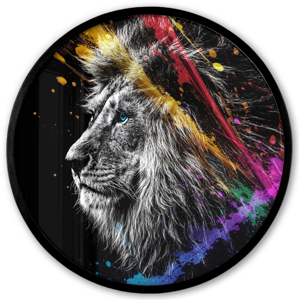 FrameYourWall Poster in lijst Rond - Fotolijst 40x40 cm - Posters - Leeuw - Graffiti - Zwart - Neon - Dieren - Ronde posterlijst zwart - Decoratie - Wanddecoratie woonkamer - Muurdecoratie slaapkamer Leeuw - Neon