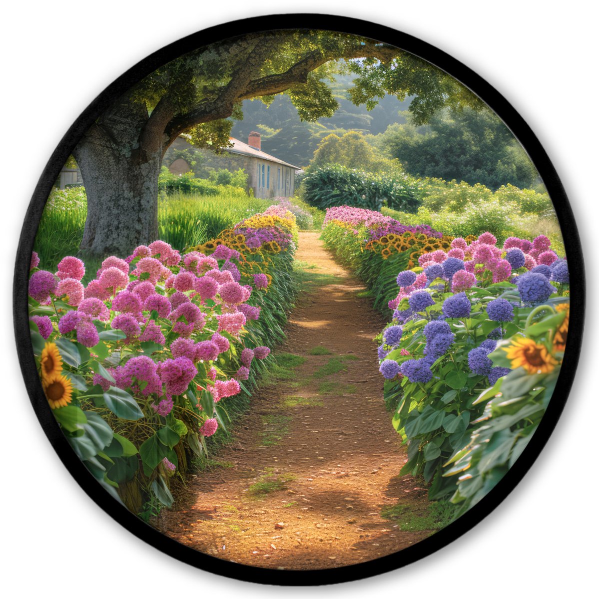 FrameYourWall Poster in lijst Rond - Fotolijst 40x40 cm - Posters - Bloemen - Pad - Zonnebloemen - Tuin - Hortensia - Ronde posterlijst zwart - Decoratie - Wanddecoratie woonkamer - Muurdecoratie slaapkamer