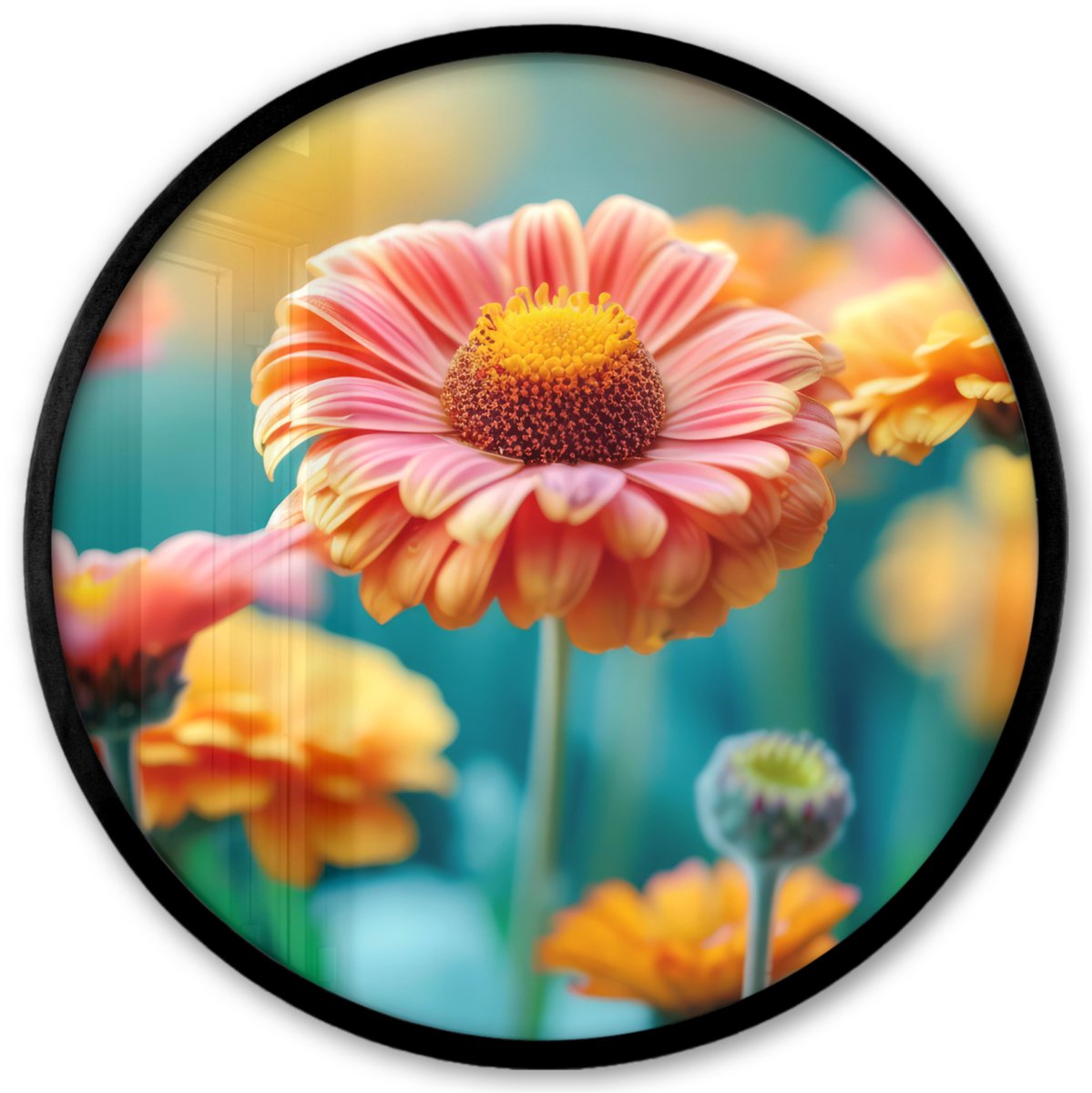 FrameYourWall Poster in lijst Rond - Fotolijst 40x40 cm - Posters - Bloemen - Kleurrijk - Natuur - Gerbera - Ronde posterlijst zwart - Decoratie - Wanddecoratie woonkamer - Muurdecoratie slaapkamer Bloemen - Gerbera