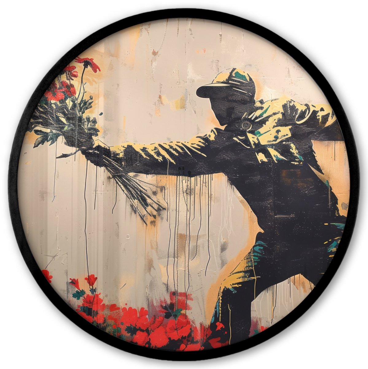 FrameYourWall Poster in lijst Rond - Fotolijst 40x40 cm - Posters - Street art - Man - Bloemen - Graffiti - Banksy Style - Ronde posterlijst zwart - Decoratie - Wanddecoratie woonkamer - Muurdecoratie slaapkamer