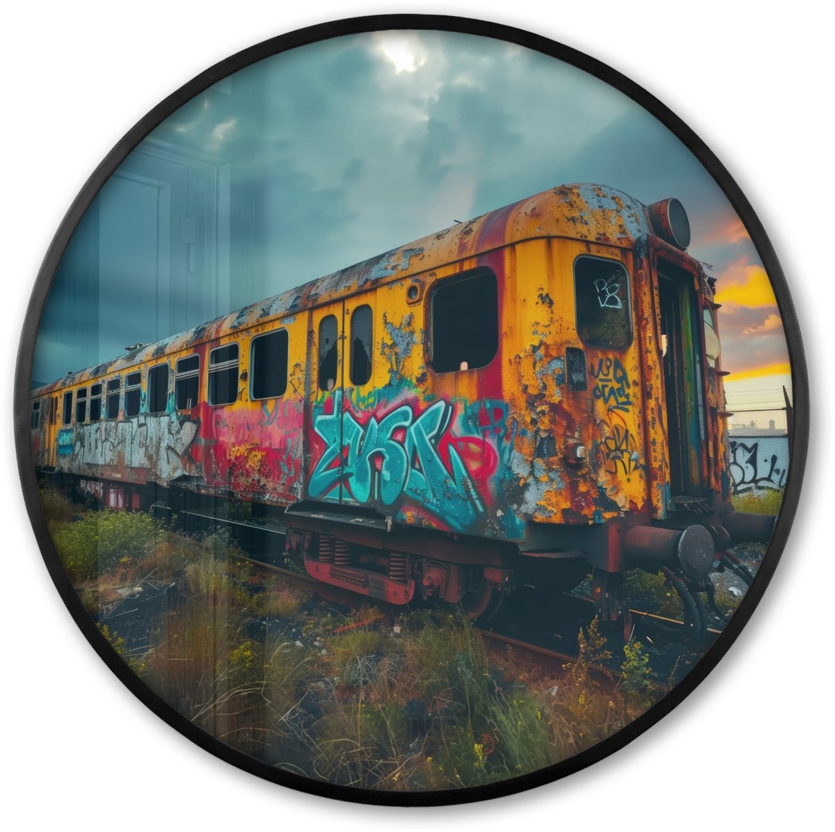 FrameYourWall Poster in lijst Rond - Fotolijst 60x60 cm - Posters - Graffiti - Verlaten trein - Street art - Ronde posterlijst zwart - Decoratie - Wanddecoratie woonkamer - Muurdecoratie slaapkamer Graffiti - Trein