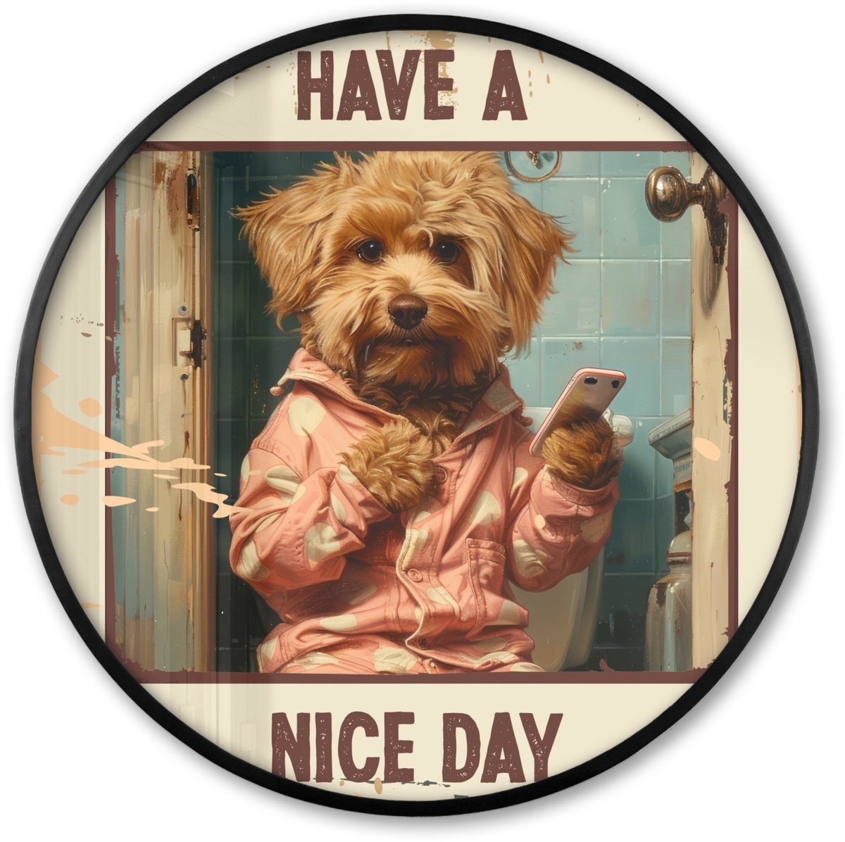 FrameYourWall Poster in lijst Rond - Fotolijst 80x80 cm - Posters - Quotes - Hond - Have a nice day - Vintage - Spreuk - Ronde posterlijst zwart - Decoratie - Wanddecoratie woonkamer - Muurdecoratie slaapkamer Hond - WC - Quote