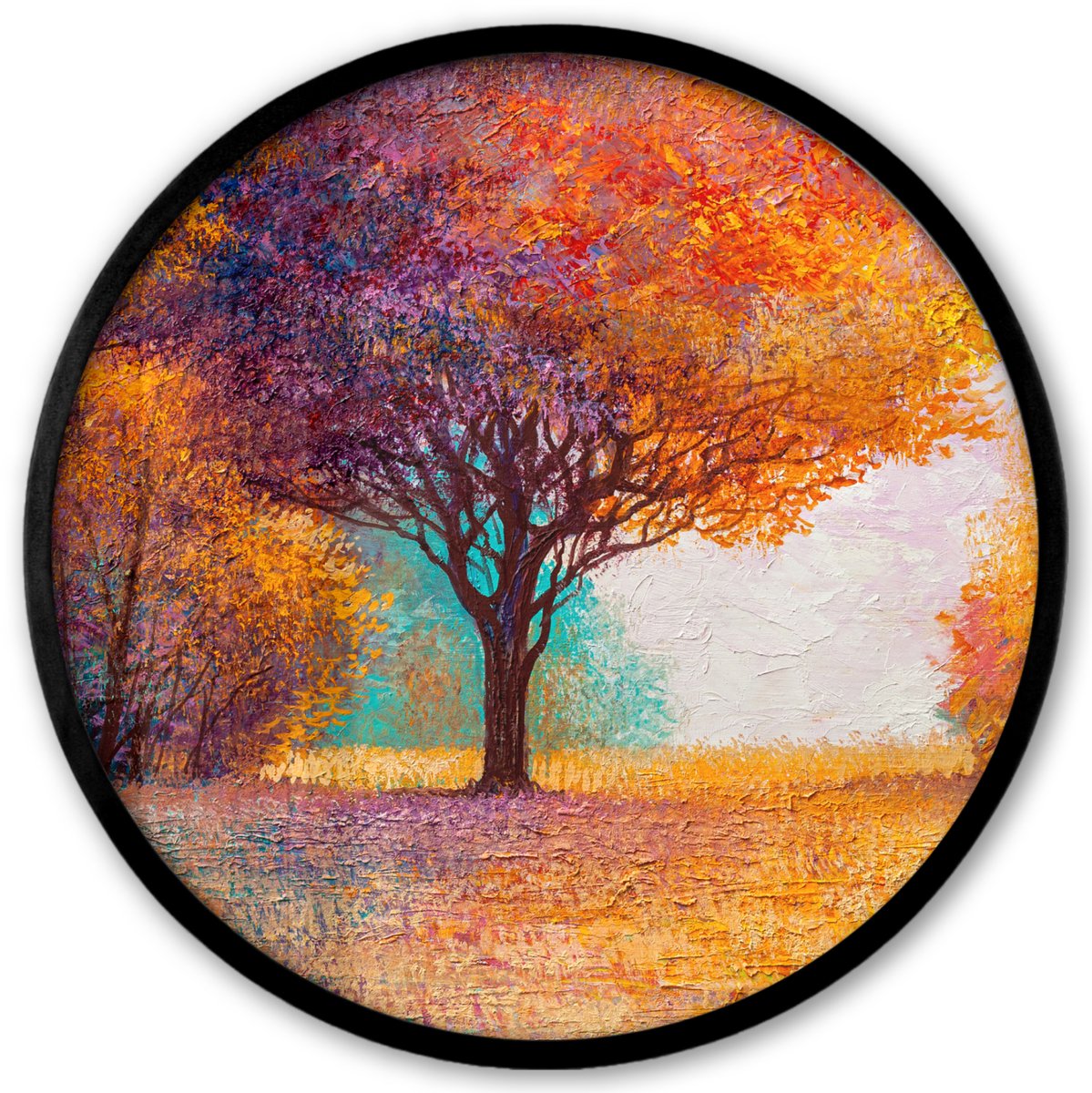 FrameYourWall Poster in lijst Rond - Fotolijst 40x40 cm - Posters - Olieverf - Schilderij - Boom - Kleuren - Ronde posterlijst zwart - Decoratie - Wanddecoratie woonkamer - Muurdecoratie slaapkamer Multicolor