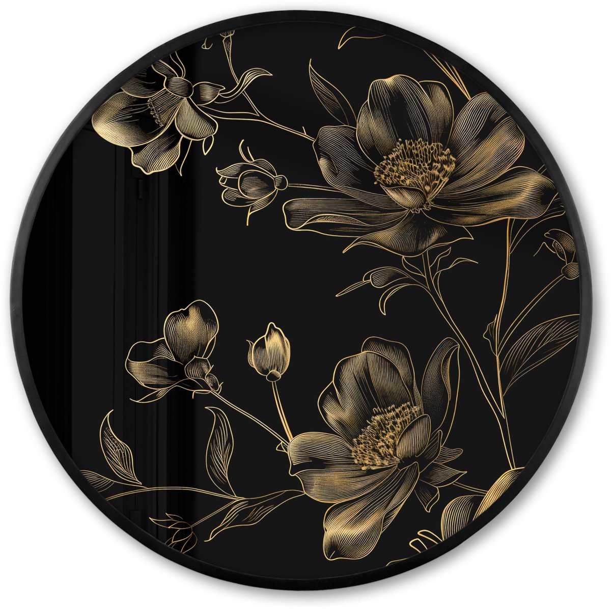 FrameYourWall Poster in lijst Rond - Fotolijst 80x80 cm - Posters - Bloemen - Zwart - Goud - Line art - Ronde posterlijst zwart - Decoratie - Wanddecoratie woonkamer - Muurdecoratie slaapkamer Bloemen - Line art