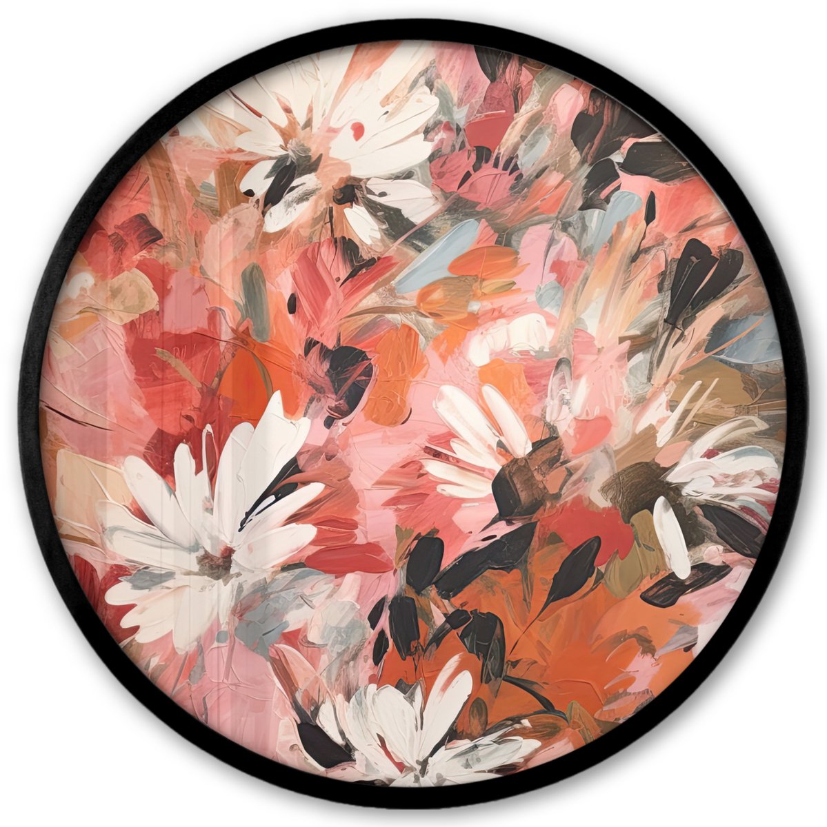 FrameYourWall Poster in lijst Rond - Fotolijst 40x40 cm - Posters - Bloemen - Kunst - Abstract - Verf - Ronde posterlijst zwart - Decoratie - Wanddecoratie woonkamer - Muurdecoratie slaapkamer Abstract - Bloemen