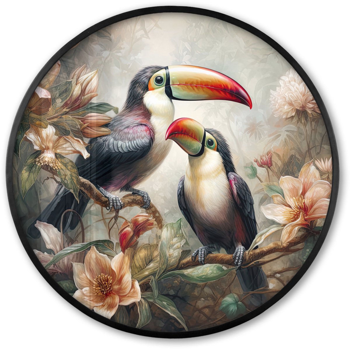 FrameYourWall Poster in lijst Rond - Fotolijst 60x60 cm - Posters - Toekan - Vogels - Bloemen - Jungle - Ronde posterlijst zwart - Decoratie - Wanddecoratie woonkamer - Muurdecoratie slaapkamer Vogels - Toekans