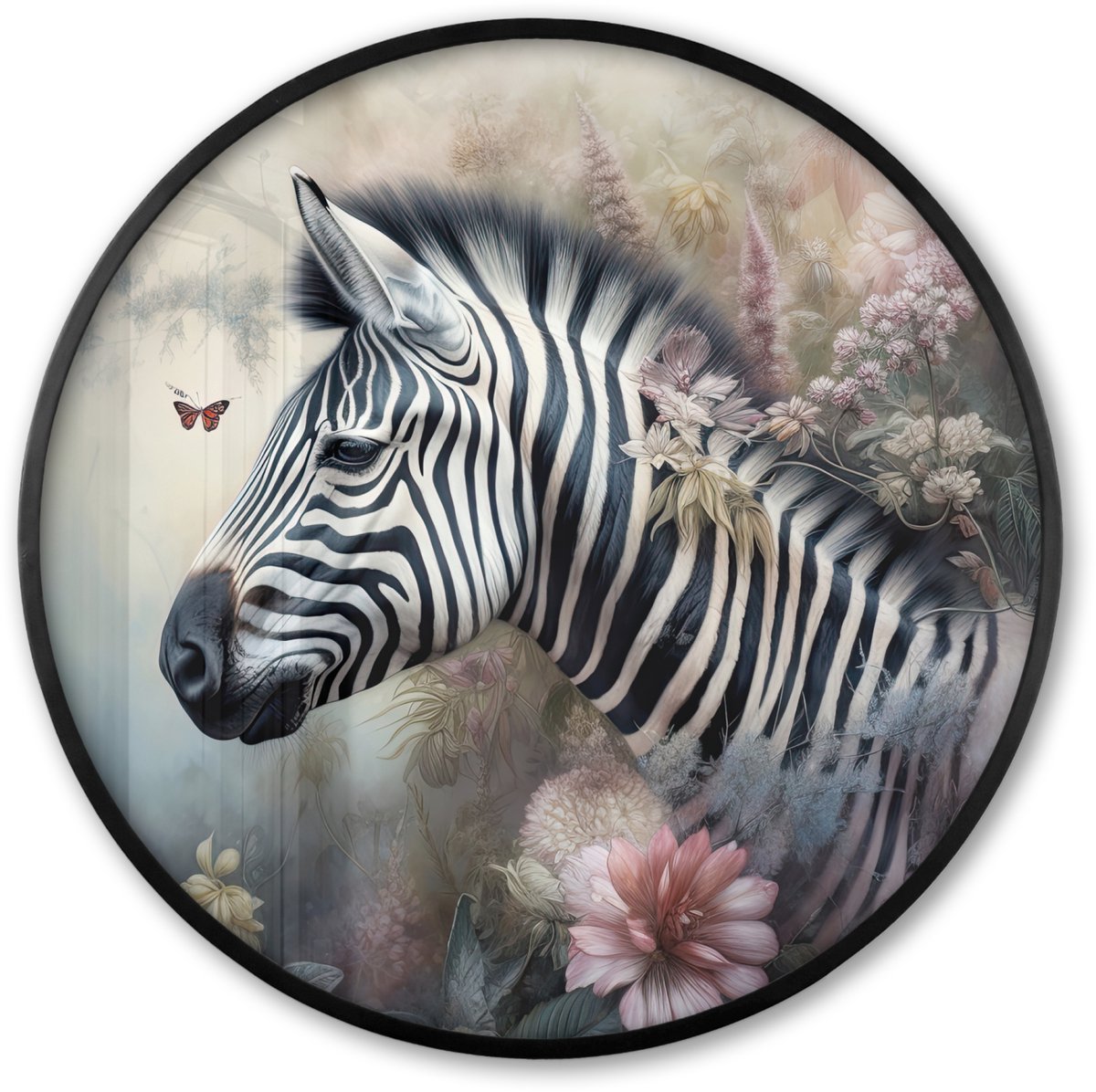FrameYourWall Poster in lijst Rond - Fotolijst 80x80 cm - Posters - Zebra - Wilde dieren - Vlinder - Bloemen - Ronde posterlijst zwart - Decoratie - Wanddecoratie woonkamer - Muurdecoratie slaapkamer Zebra - Bloemen
