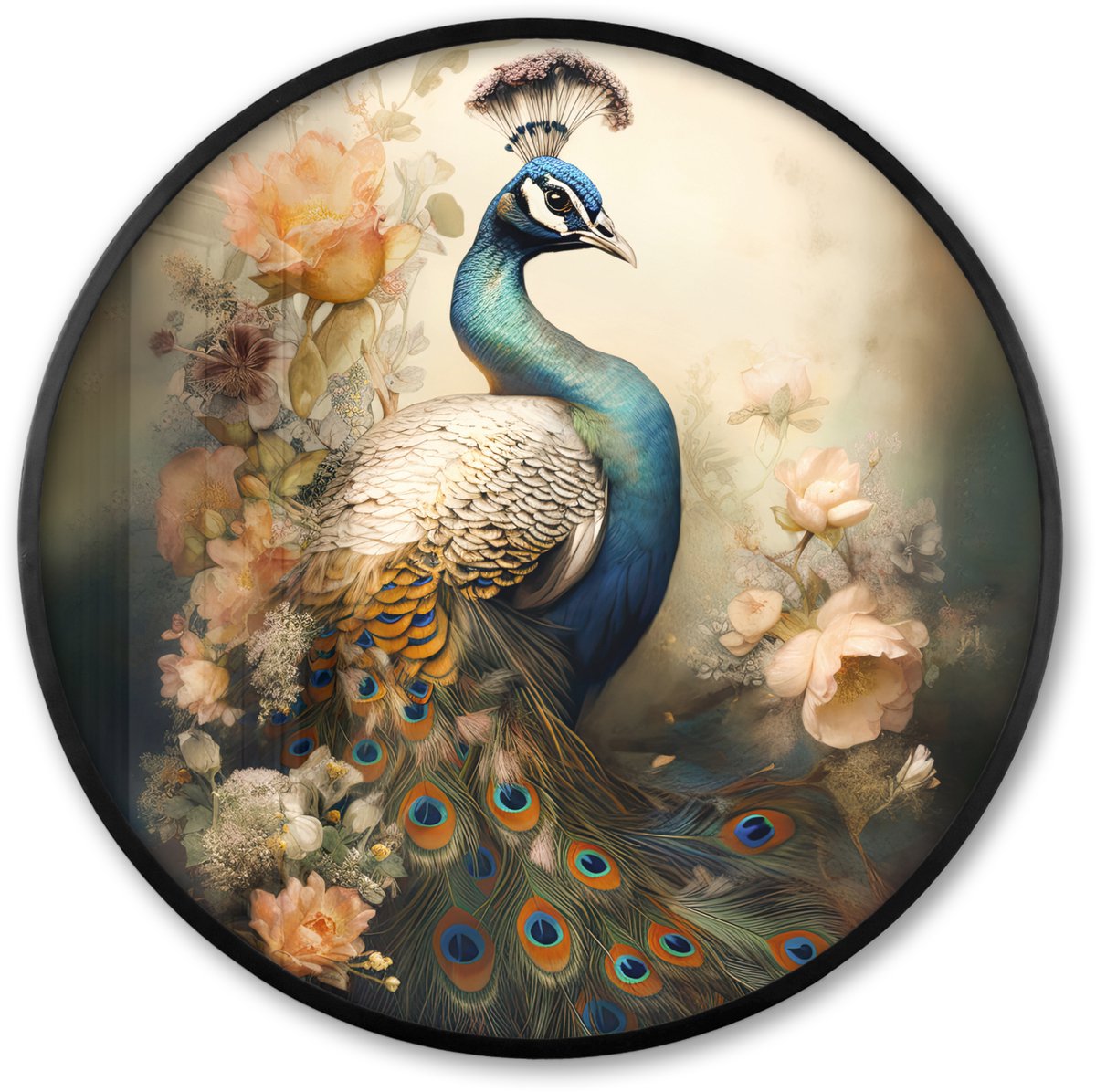 FrameYourWall Poster in lijst Rond - Fotolijst 80x80 cm - Posters - Pauw - Pauwenveren - Bloemen - Vogels - Botanisch - Ronde posterlijst zwart - Decoratie - Wanddecoratie woonkamer - Muurdecoratie slaapkamer Pauw - Vintage