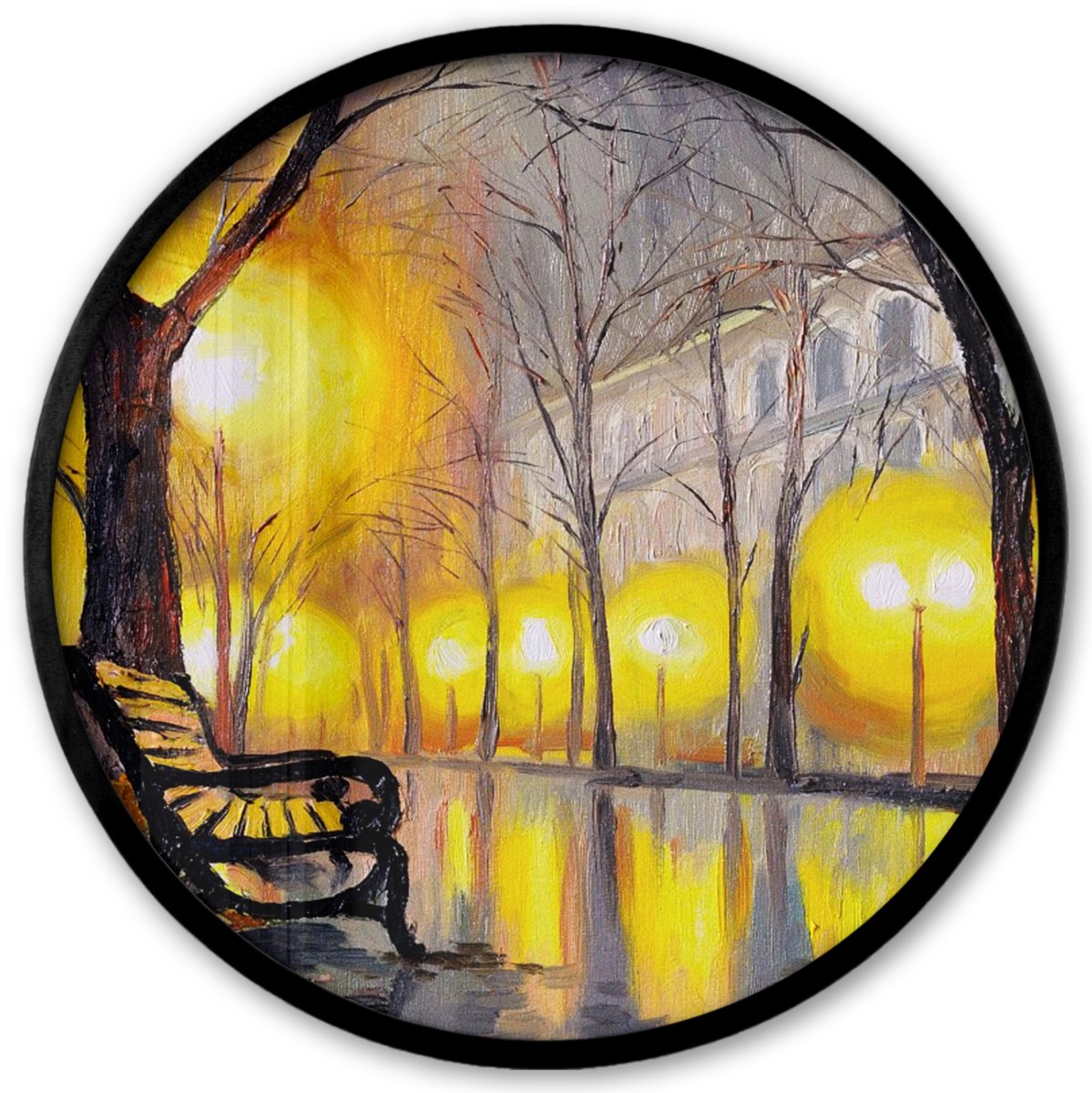 FrameYourWall Poster in lijst Rond - Fotolijst 40x40 cm - Posters - Schilderij - Bank - Water - Licht - Olieverf - Ronde posterlijst zwart - Decoratie - Wanddecoratie woonkamer - Muurdecoratie slaapkamer Olieverf - Straat