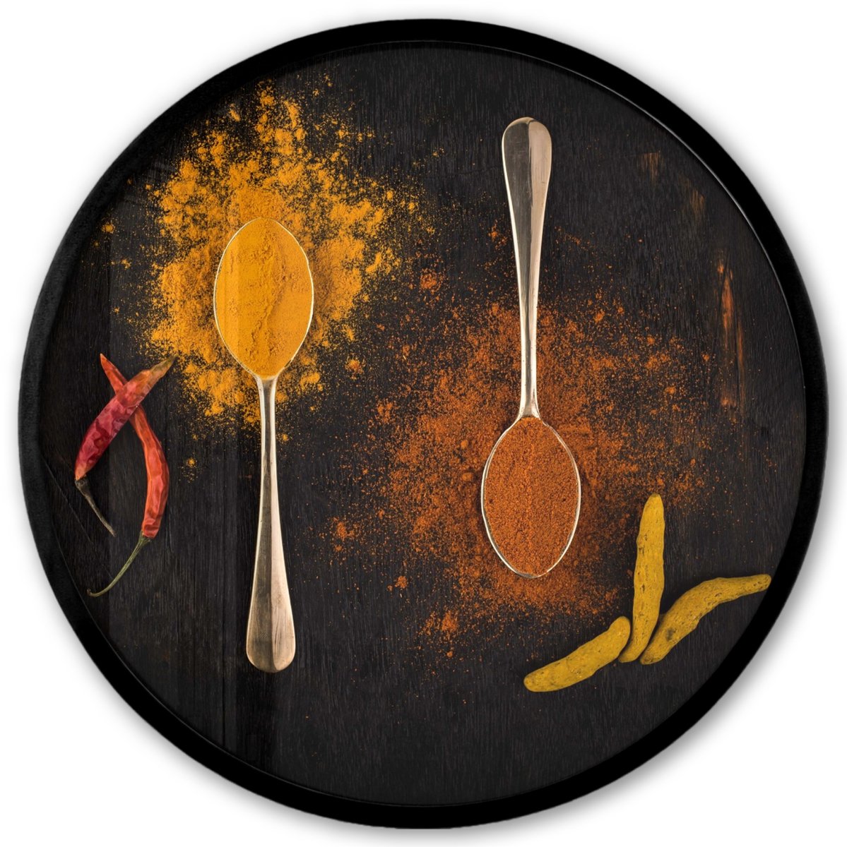 FrameYourWall Poster in lijst Rond - Fotolijst 40x40 cm - Posters - Stilleven - Lepels - Eten - Kruiden - Zwart - Ronde posterlijst zwart - Decoratie - Wanddecoratie woonkamer - Muurdecoratie slaapkamer Multicolor