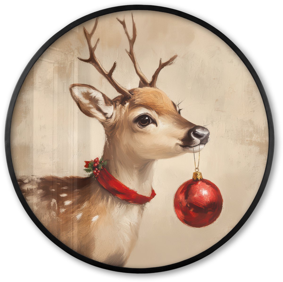 FrameYourWall Poster in lijst Rond - Fotolijst 80x80 cm - Posters - Kerst - Hert - Gewei - Kerstbal - Rendier - Ronde posterlijst zwart - Decoratie - Wanddecoratie woonkamer - Muurdecoratie slaapkamer - Kerstversiering - Kerstdecoratie voor binnen - Kerstmis Hert - Vintage