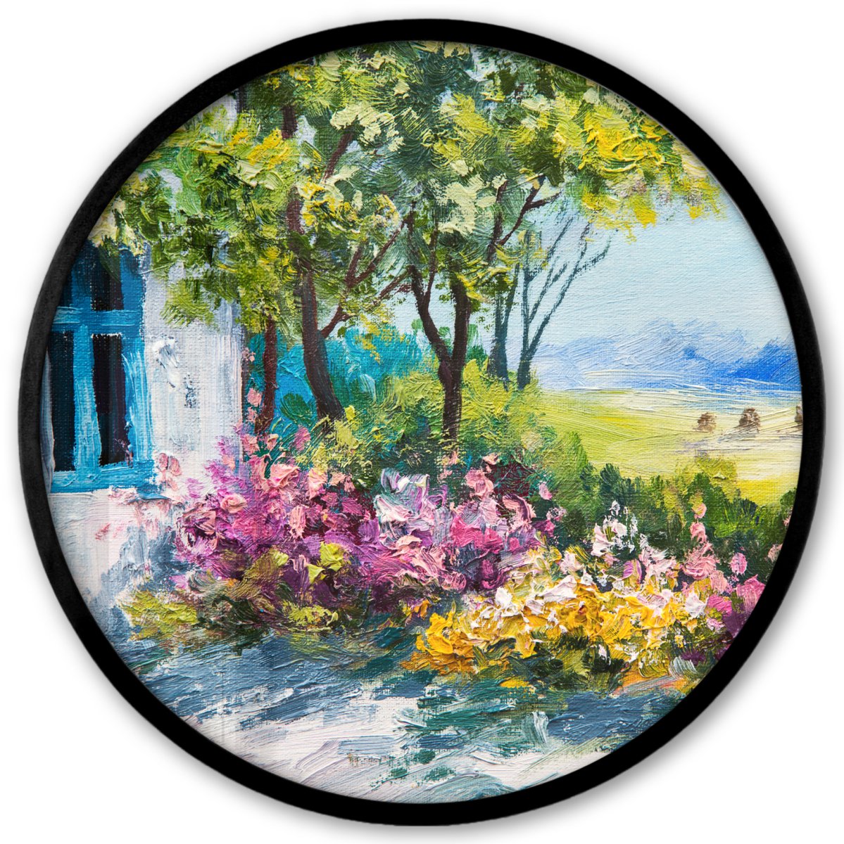 FrameYourWall Poster in lijst Rond - Fotolijst 40x40 cm - Posters - Schilderij - Planten - Bloemen - Huis - Olieverf - Ronde posterlijst zwart - Decoratie - Wanddecoratie woonkamer - Muurdecoratie slaapkamer Olieverf - Huis - Bloemen