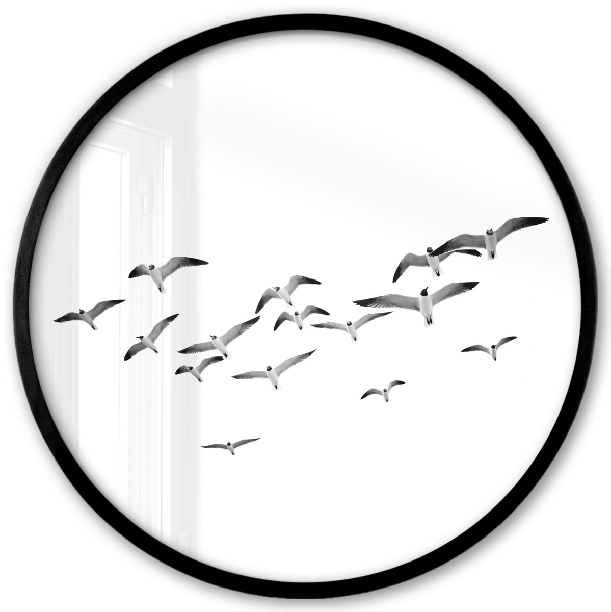FrameYourWall Poster in lijst Rond - Fotolijst 40x40 cm - Posters - Vogels - Zwart wit - Natuur - Lucht - Ronde posterlijst zwart - Decoratie - Wanddecoratie woonkamer - Muurdecoratie slaapkamer