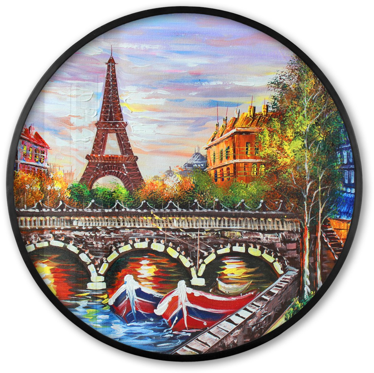 FrameYourWall Poster in lijst Rond - Fotolijst 80x80 cm - Posters - Schilderij - Olieverf - Eiffeltoren - Parijs - Water - Ronde posterlijst zwart - Decoratie - Wanddecoratie woonkamer - Muurdecoratie slaapkamer Multicolor