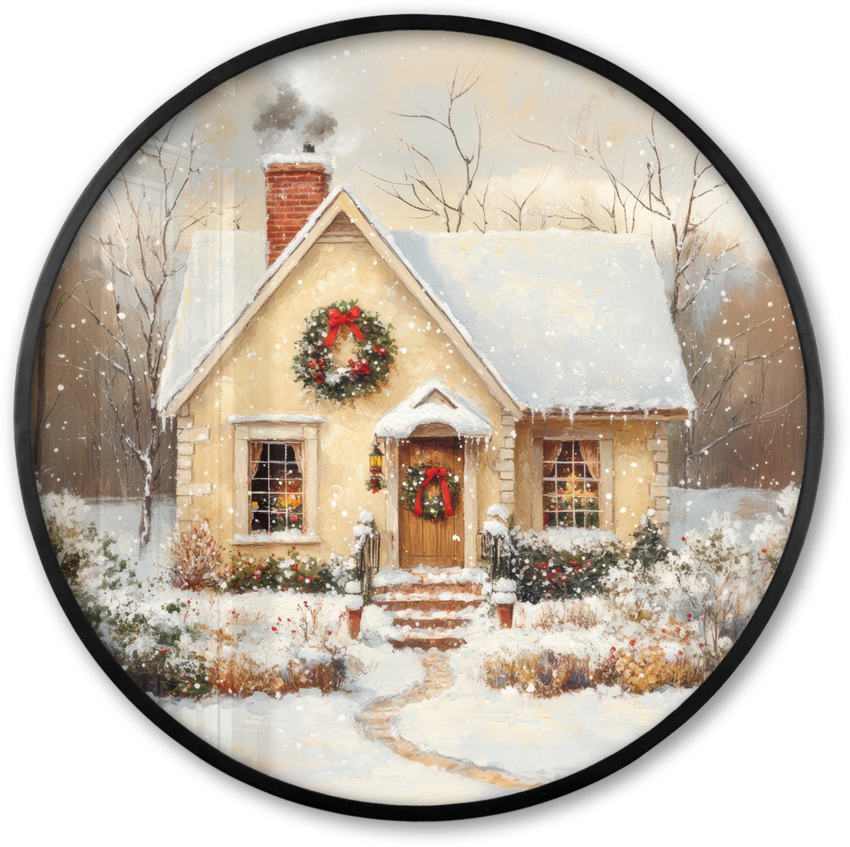 FrameYourWall Poster in lijst Rond - Fotolijst 80x80 cm - Posters - Kerst - Huis - Winter - Sneeuw - Ronde posterlijst zwart - Decoratie - Wanddecoratie woonkamer - Muurdecoratie slaapkamer - Kerstversiering - Kerstdecoratie voor binnen - Kerstmis Huis - Sneeuw