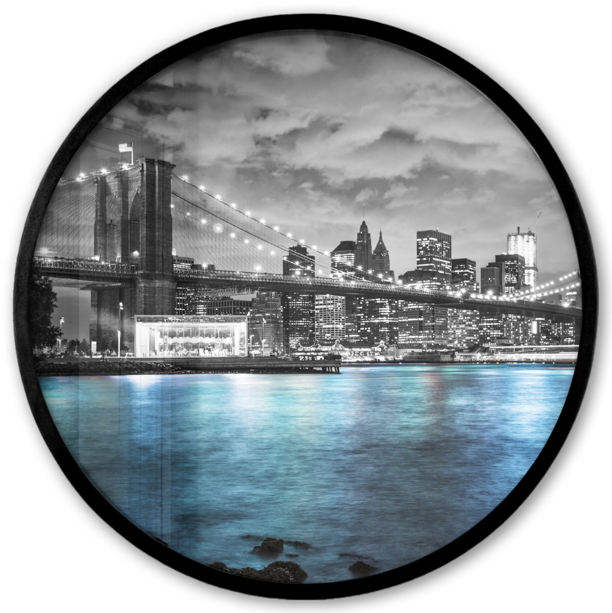 FrameYourWall Poster in lijst Rond - Fotolijst 40x40 cm - Posters - New York - Skyline - Stad - Blauw - Ronde posterlijst zwart - Decoratie - Wanddecoratie woonkamer - Muurdecoratie slaapkamer
