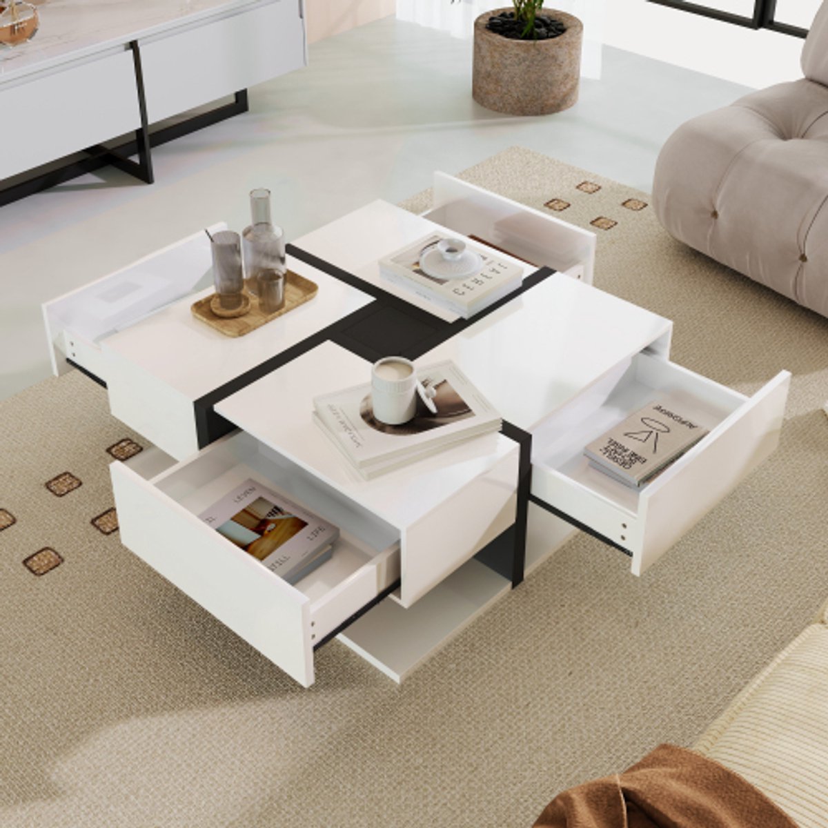 Hoge glans salontafel 78x78x36 cm – 4 lades, unieke kleur en lijnontwerp, extra opbergruimte onder