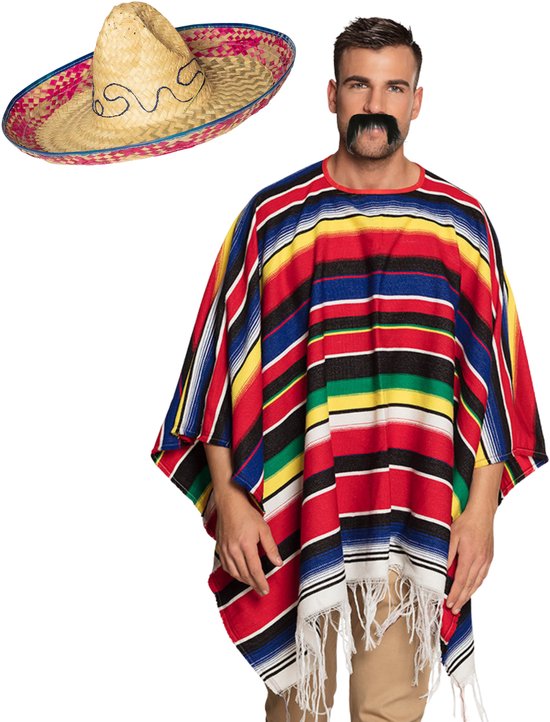 Carnaval verkleed set - Mexicaanse poncho sombrero hoed en zwarte grote plaksnor - gekleurd - voor heren