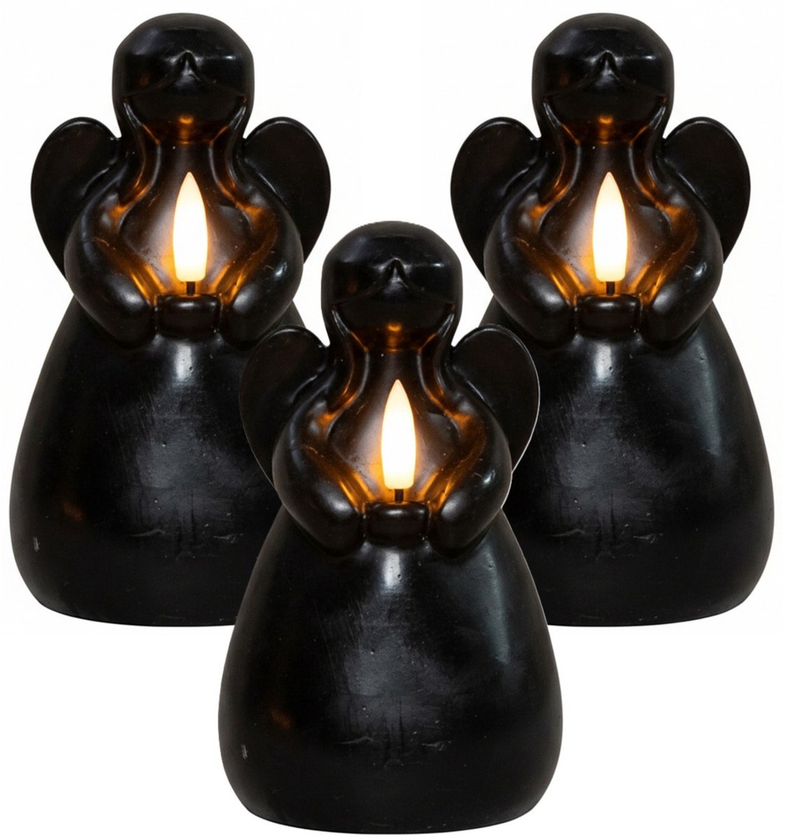 Anna's Collection LED kaars engel - 3x - zwart - 14 x 8 cm - met timer - op batterijen - kerst - kerstkaarsen
