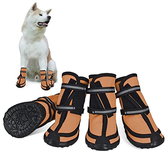 Hondenschoenen met pootbescherming, antislipzool en reflecterende riemen voor middelgrote en grote honden - Waterdichte sneeuwschoenen, 4 stuks, Oranje, L