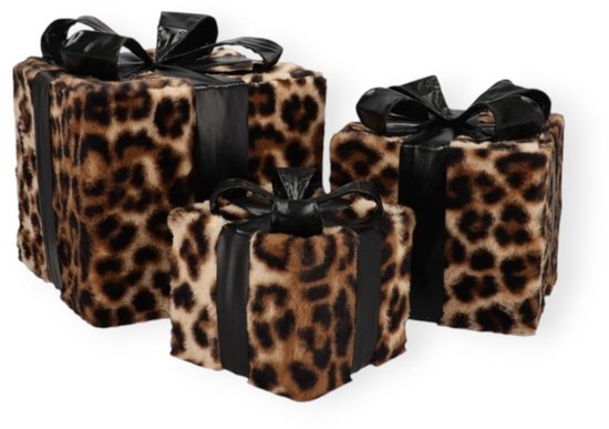 Daan Kromhout – Pluche Cadeautjes – Panterprint - Cadeautjes – Set/3 – Met ledverlichting – Kerst – Kerstdecoratie