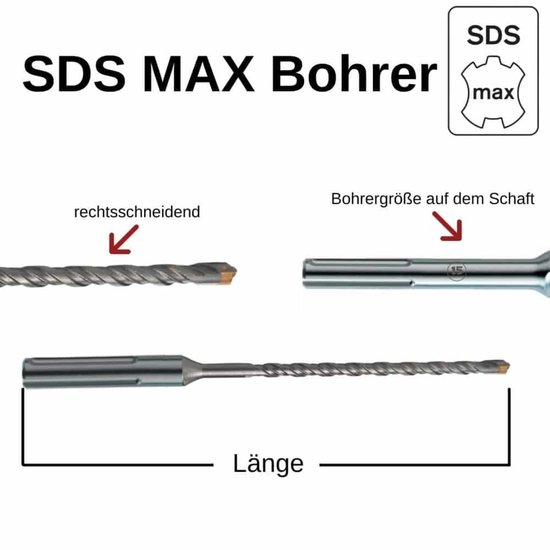 SDS MAX boor met rechtsdraaiende spiraal en gemarkeerde boorgrootte op de schacht. Afmeting lengte aangeduid.