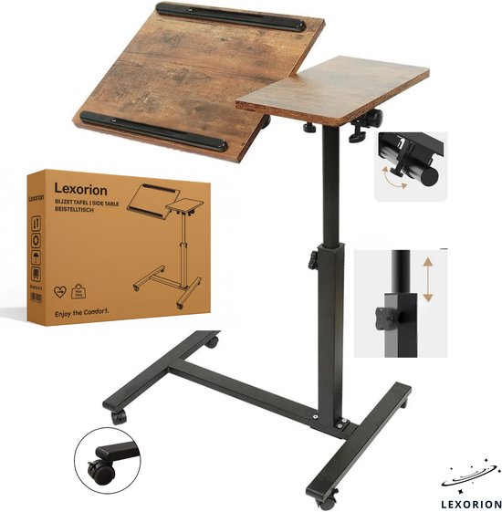 Laptoptafel met een houten blad en een zwart metalen frame met wielen.