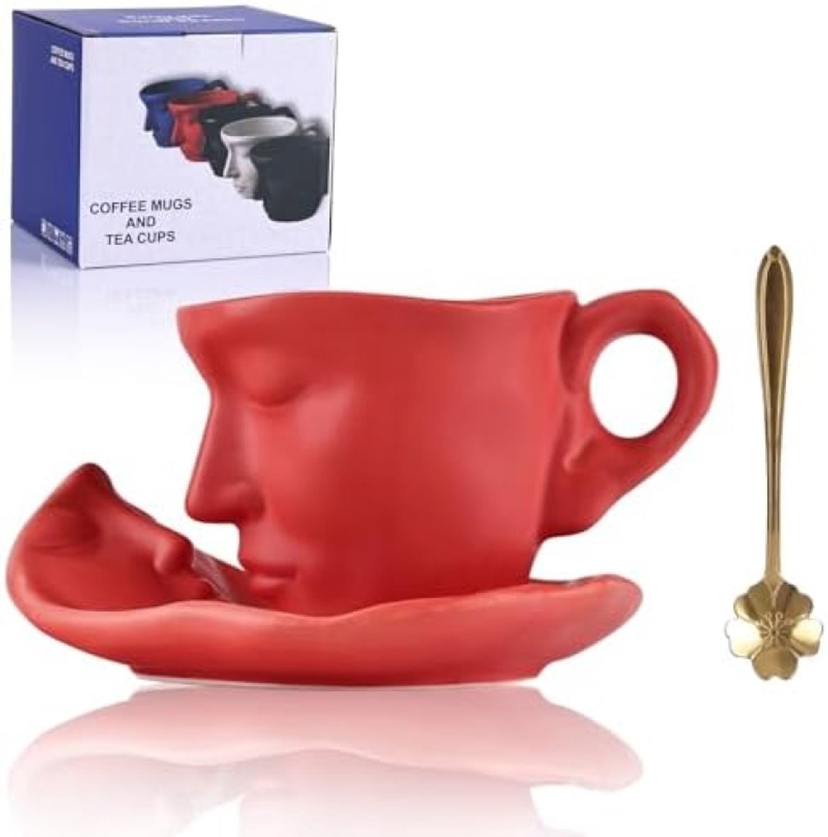 Romantische kussende koffiekop en schotel set - keramische mok met lepel voor Valentijnsdag, bruiloft en jubileum - hittebestendig en vaatwasserbestendig (rood)