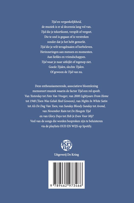 Boek 'Oud en wijs' van De Kring, met tekst over muziek en tijd. Titel 'Oud en wijs' en barcode.